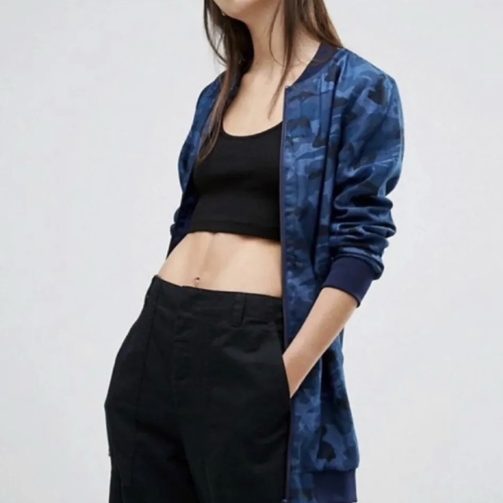 Liquor N Poker Blue Denim Camouflage Zip Up Bomber Jacket Sz 6 NWT